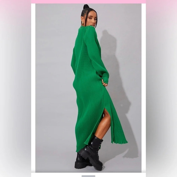 PrettyLittleThing Green Plisse Button Up Split Hem Dress size 0 - Picture 3 of 10